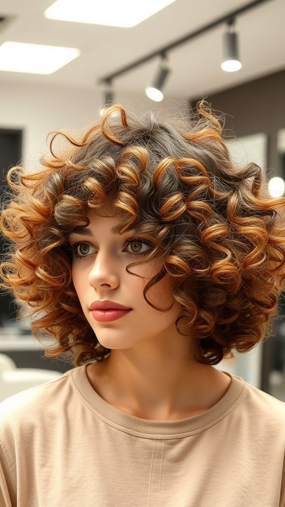 A woman with a curly micro bob hairstyle, featuring natural texture and a blend of dark and light hair colors.