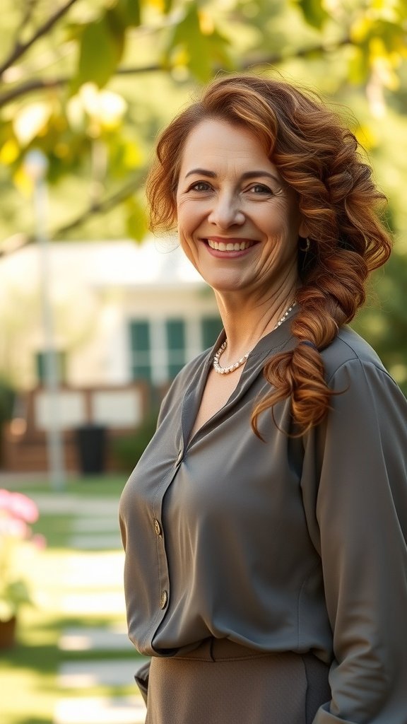A woman with curly hair styled in a side braid, smiling outdoors.
