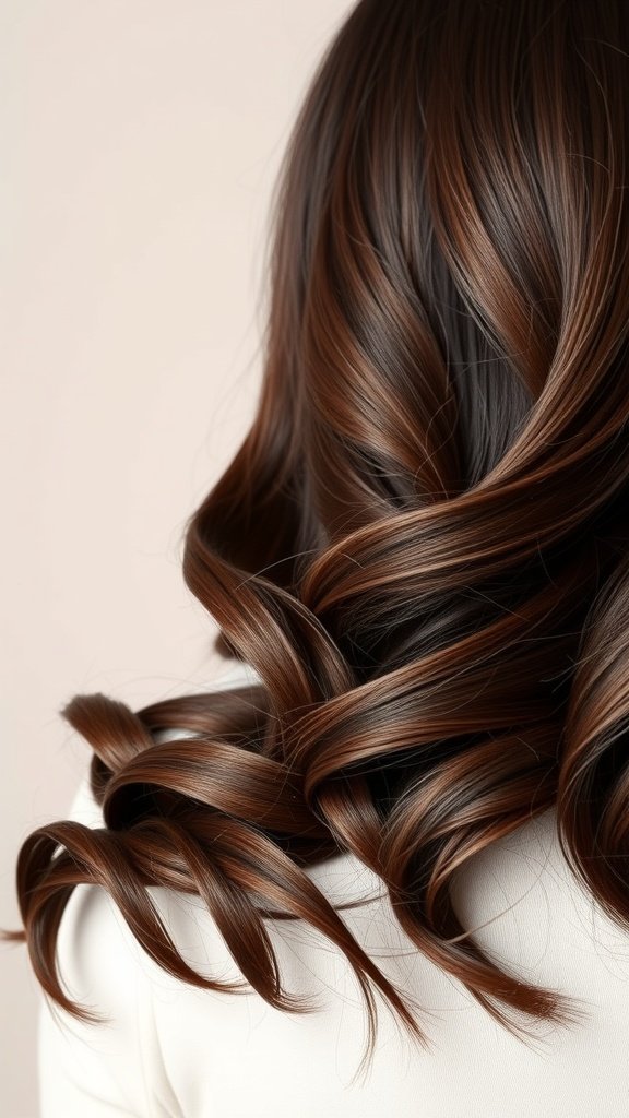 Dark brown hair styled in soft curls with mocha highlights
