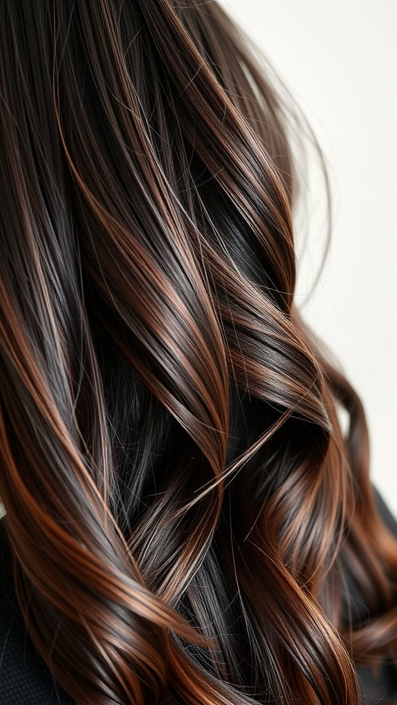 Dark brown hair with subtle burgundy balayage, styled in soft waves.