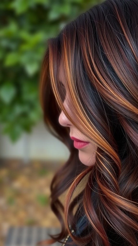 A woman with dark burgundy hair featuring copper blonde highlights, styled in soft waves.