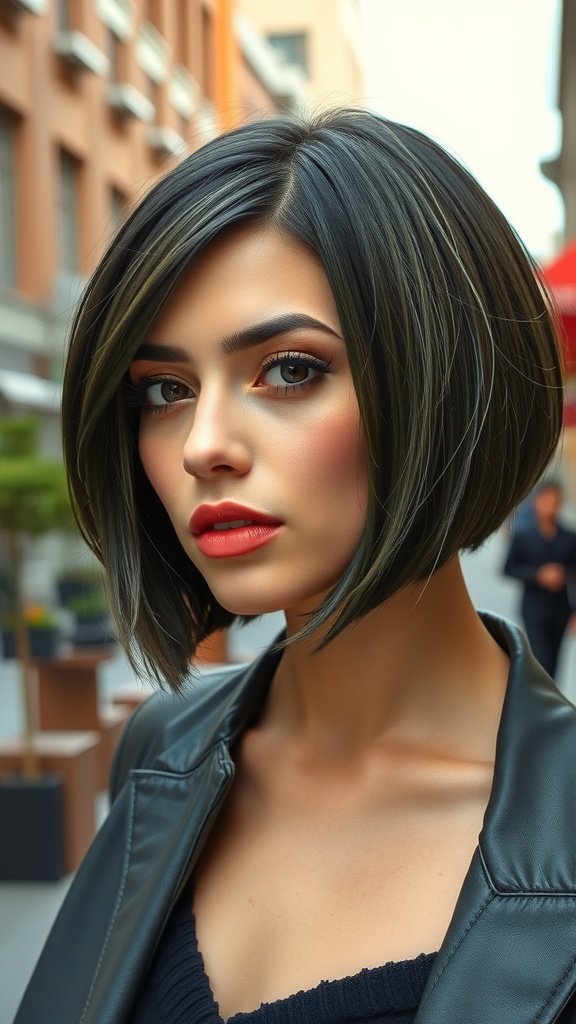 A woman with a dark olive green bob hairstyle, featuring a side part, looking stylish and confident.