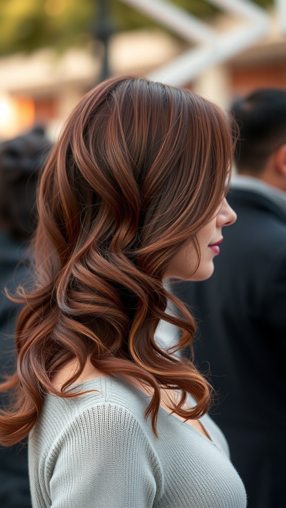 A woman with deep auburn hair styled in soft waves, showcasing elegance and warmth.