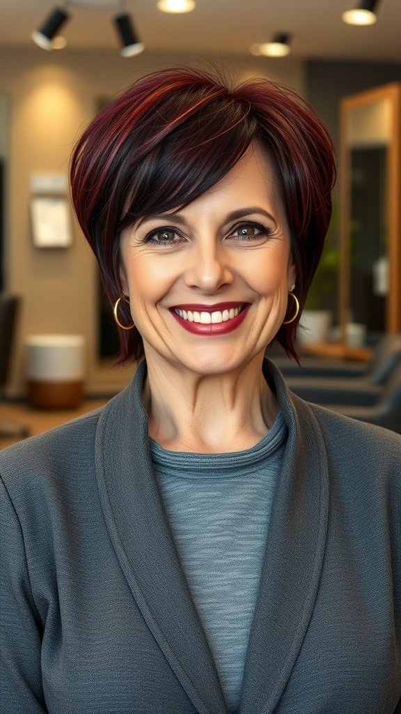 A woman with a deep burgundy sleek medium-length hairstyle, smiling confidently.