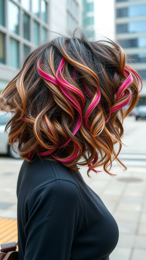 A woman with a curly bob hairstyle featuring streaks of pink color.