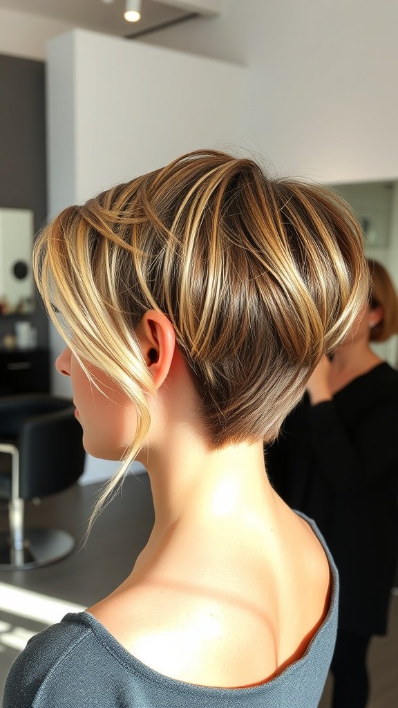 A woman with an elongated pixie hairstyle featuring graduated asymmetry, showcasing soft waves and highlights.