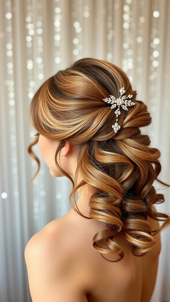 A woman with a feathered half-updo and loose curls, adorned with a sparkling hair clip.