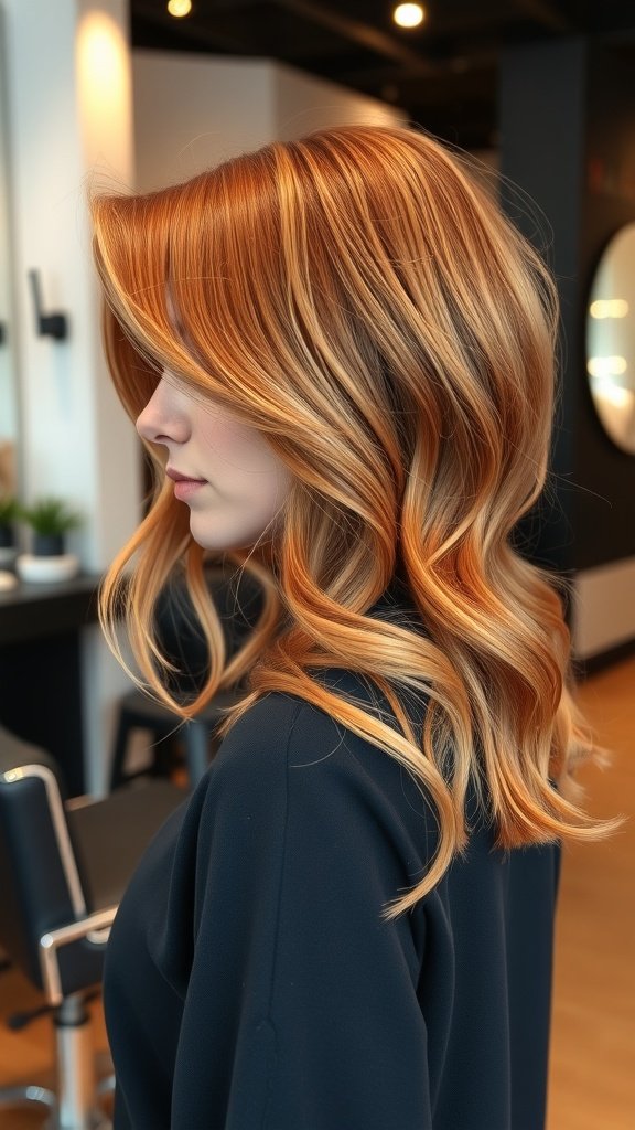 A woman with a ginger bixie haircut featuring long front pieces, styled elegantly.