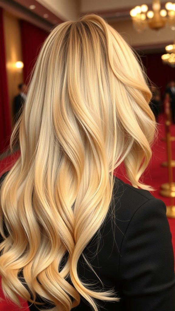 A woman with glamorous blonde hair styled in soft waves, showcasing a sun-kissed shine.