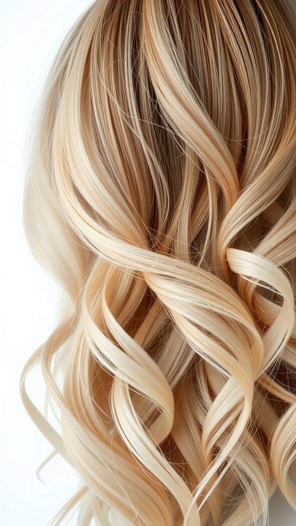 A beautiful hairstyle featuring a golden blonde to icy white ombre with soft waves.