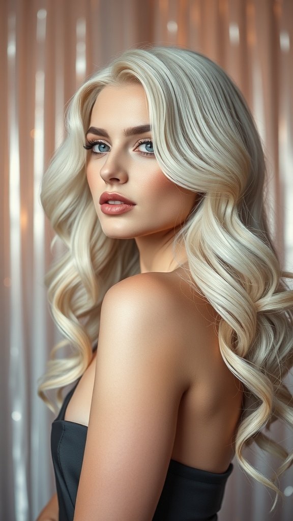 A model with platinum blonde hair styled in Hollywood waves, showcasing a glamorous look.