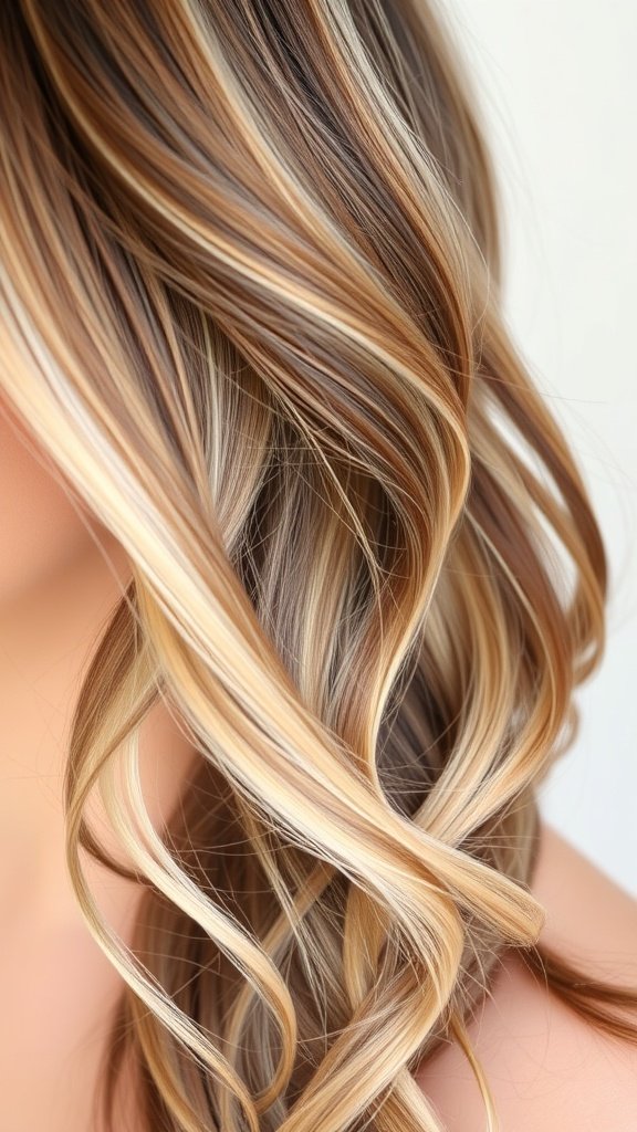 Icy blonde highlights on rich brown hair, showcasing a beautiful contrast and dimension.