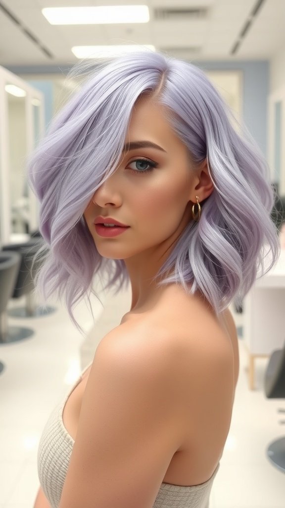A woman with a lavender wavy chin-length bob hairstyle, showcasing soft waves and a chic appearance.
