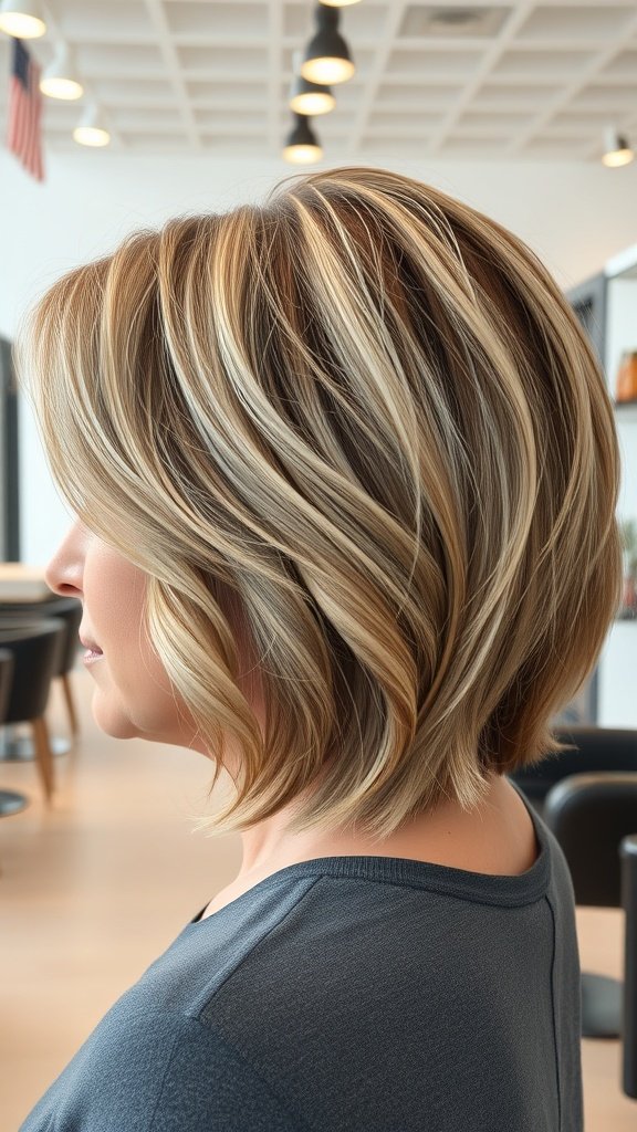 A layered bob hairstyle with flipped ends, showcasing volume and movement, suitable for women over 50 with fine hair.