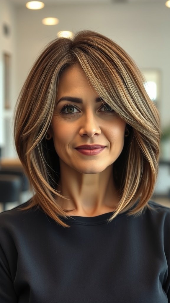A woman with a layered bob hairstyle and side-sweeping bangs, showcasing a stylish and elegant look.