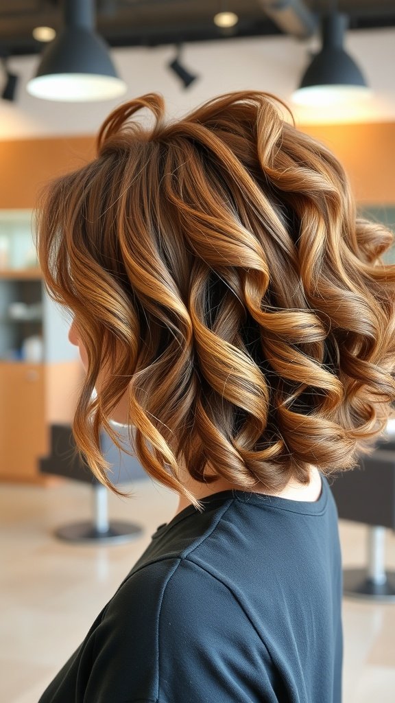 Layered curly bob hairstyle with a voluminous crown, showcasing bouncy curls and a youthful lift.