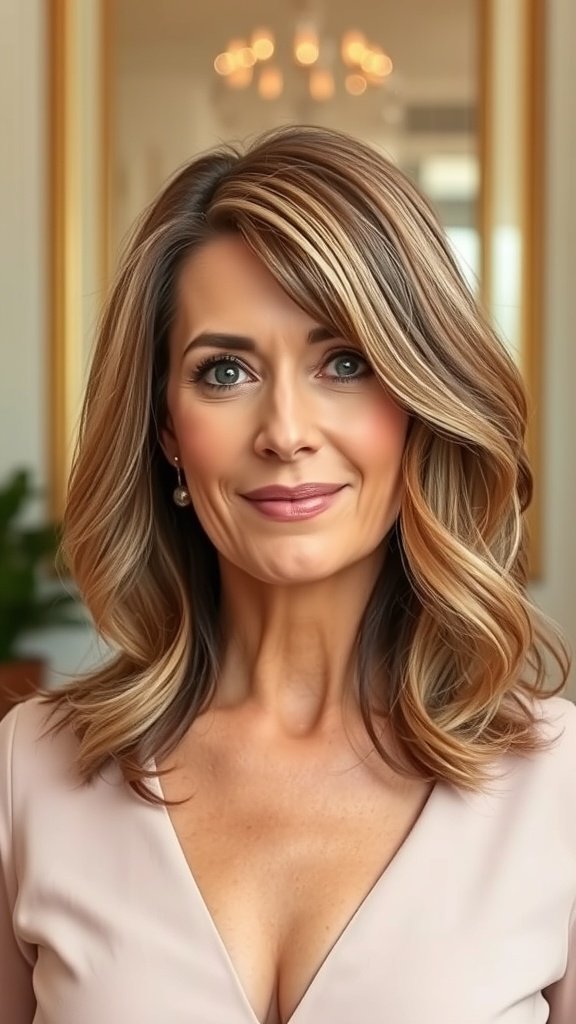 A woman with a layered lob hairstyle featuring flipped-out ends, showcasing a youthful and elegant look.