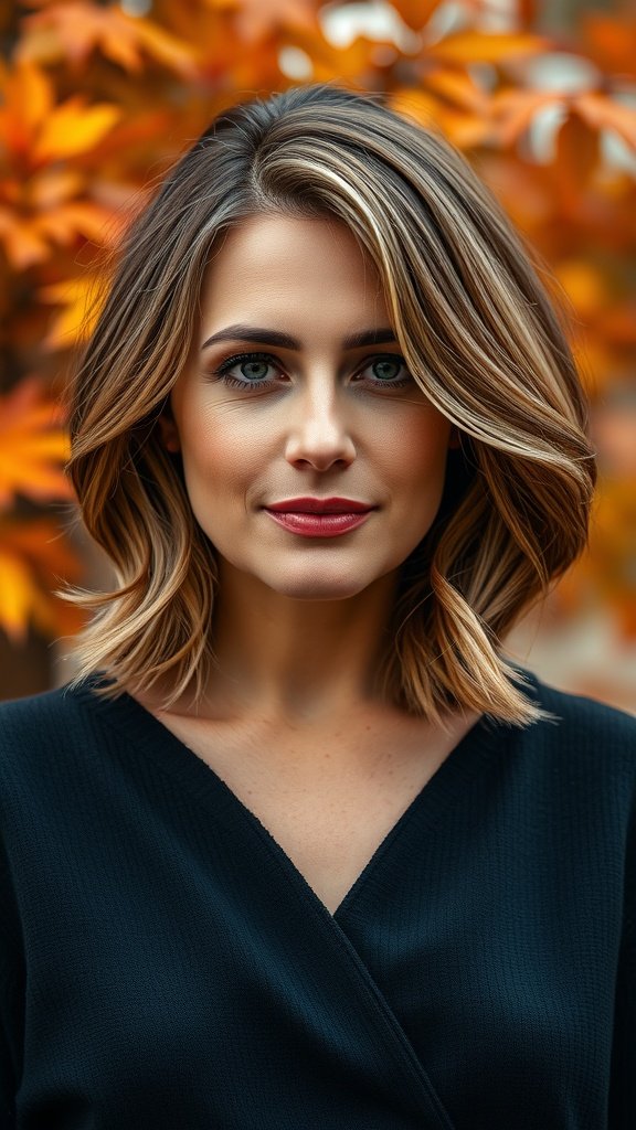 A woman with a lightly layered collarbone-grazing haircut, surrounded by autumn leaves.