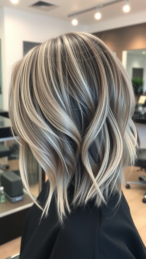 A stylish lob haircut with subtle balayage and soft highlights, showcasing a blend of gray and light tones.