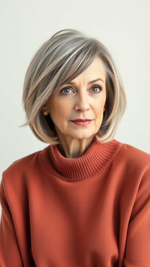 A woman over 70 with a lob hairstyle featuring subtle highlights, wearing an orange turtleneck.
