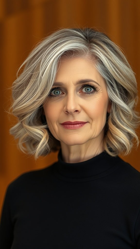 A woman with a long bob hairstyle featuring natural waves, looking elegant and confident.