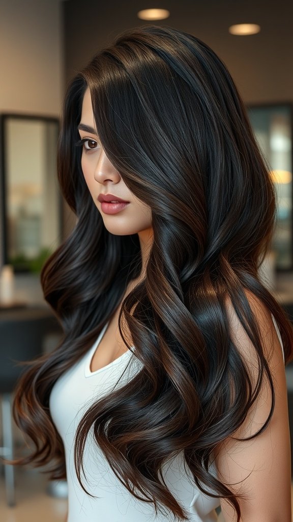 A woman with long dark brown waves styled with a middle part, showcasing a chic and effortless look.
