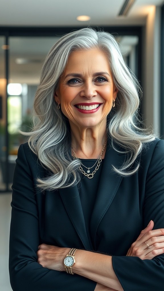 A woman with long gray hair styled in subtle waves, smiling confidently in a professional setting.