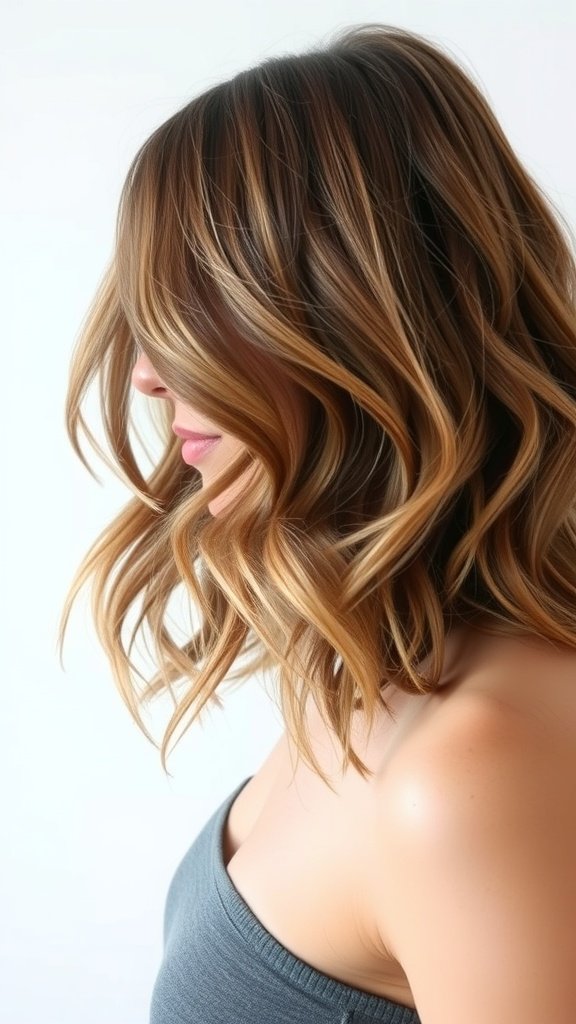 A woman with loose S-waves and asymmetrical ends, showcasing a stylish medium-length haircut.