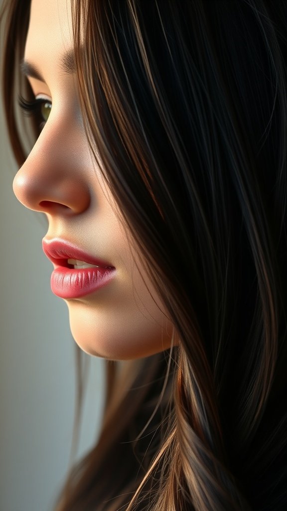 A close-up profile of a woman with dark hair featuring mahogany highlights.