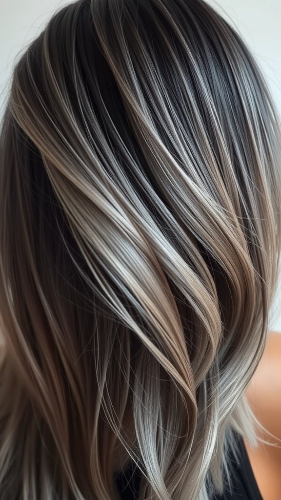 Matte gray feathered layers in dark hair