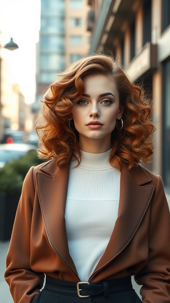 A woman with medium-length auburn retro curls, wearing a stylish outfit, standing in an urban setting.