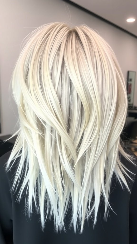 Medium-length razored shag hairstyle with baby bangs, featuring soft layers and a platinum blonde color.
