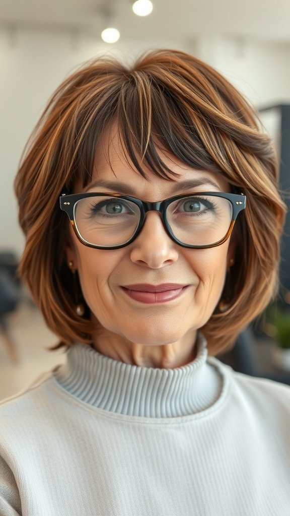 A woman with a medium layered haircut and curtain bangs, wearing glasses, smiling confidently.
