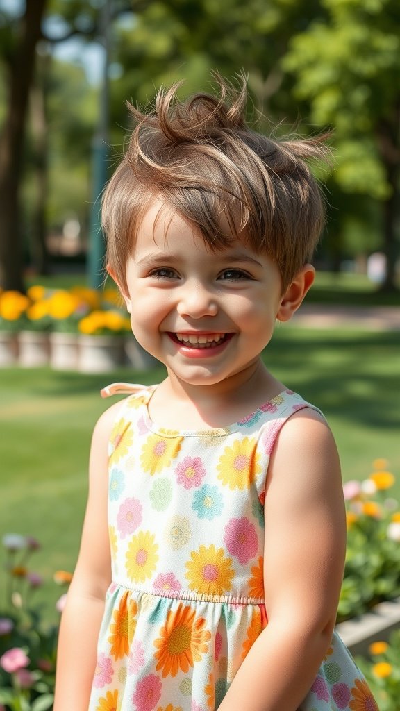 A little girl with a messy pixie hairstyle and a long fringe, smiling in a floral dress surrounded by flowers.