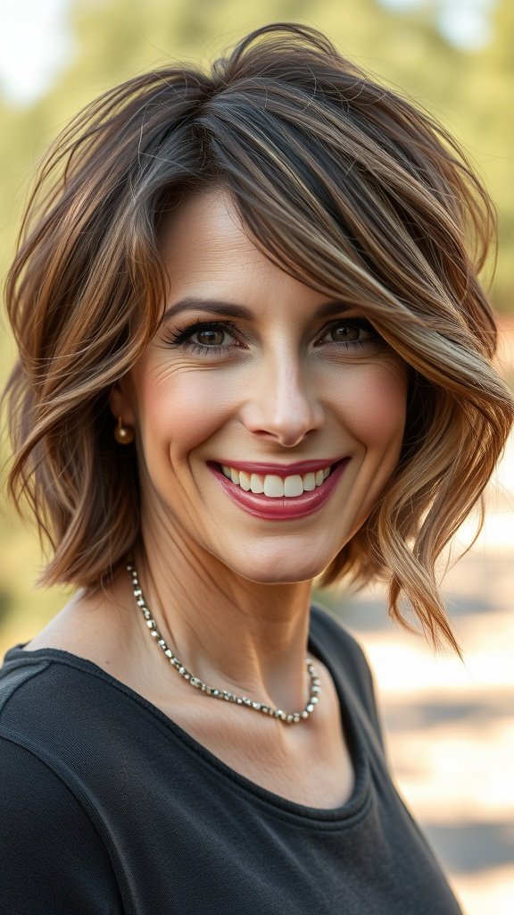 A woman with a messy wavy bob and side bangs, smiling confidently.