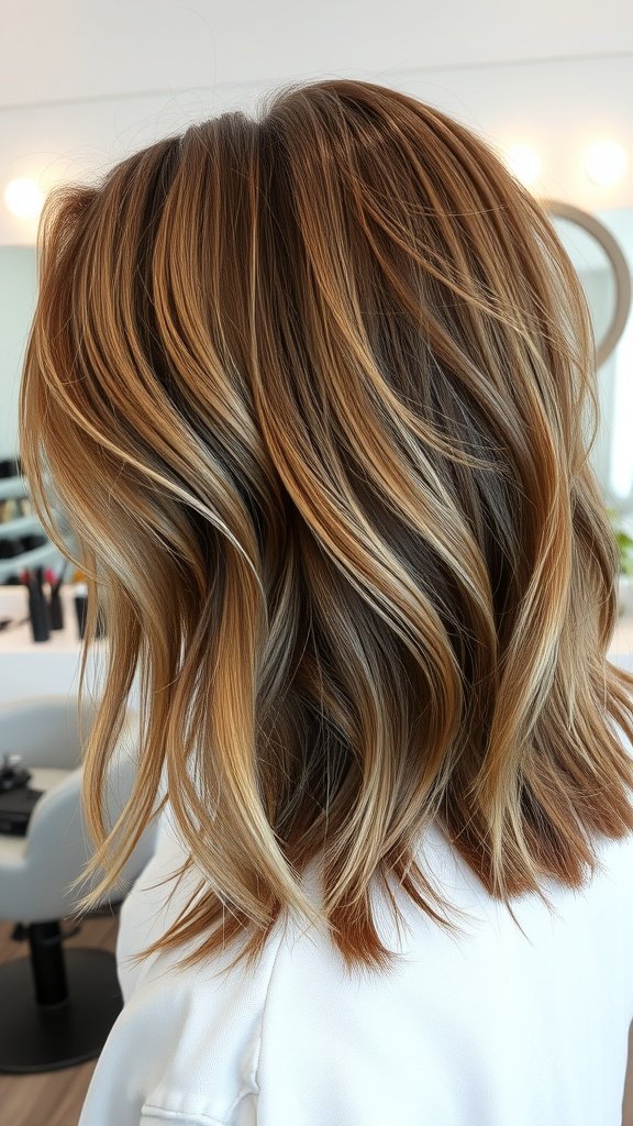 Mid-length haircut with chunky layers showcasing a blend of colors for thick hair.