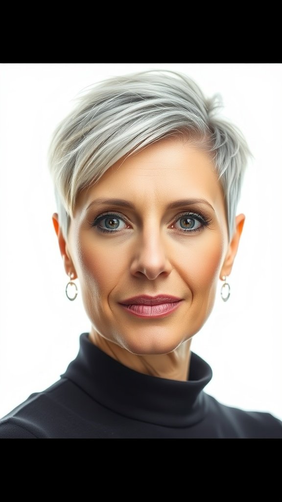 A woman with a modern pixie hairstyle featuring a bold temple fade, showcasing her confident look.