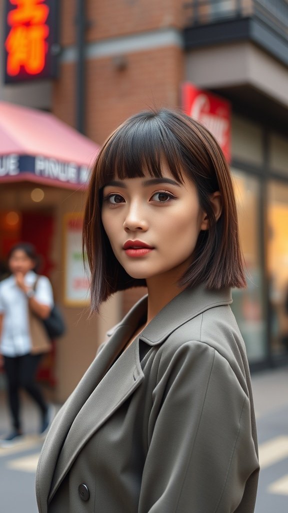 A woman with pin straight hair and blunt bangs, wearing a stylish jacket, standing in an urban setting.
