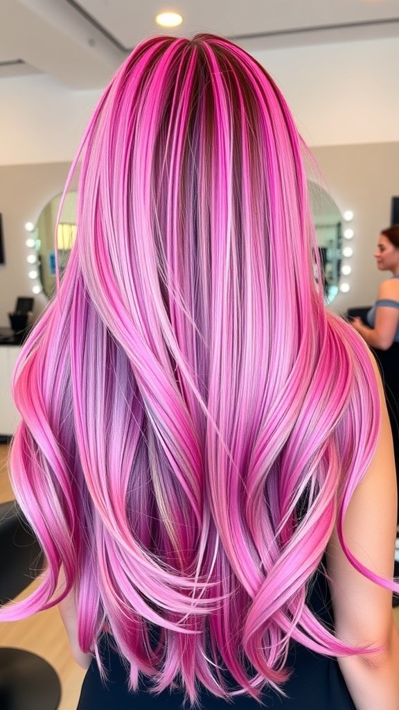 A beautiful hairstyle featuring pink and purple-dimensional balayage with soft waves.