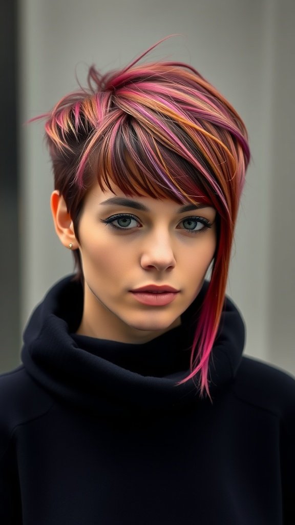 A young woman with a pixie haircut featuring long bangs and a textured top, showcasing vibrant colors.