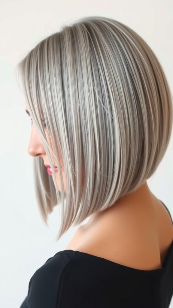A woman with a polished rounded bob hairstyle, showcasing smooth gray hair.