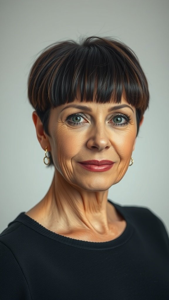 A woman with a razor-cut bob and blunt bangs, showcasing a stylish and modern hairstyle.