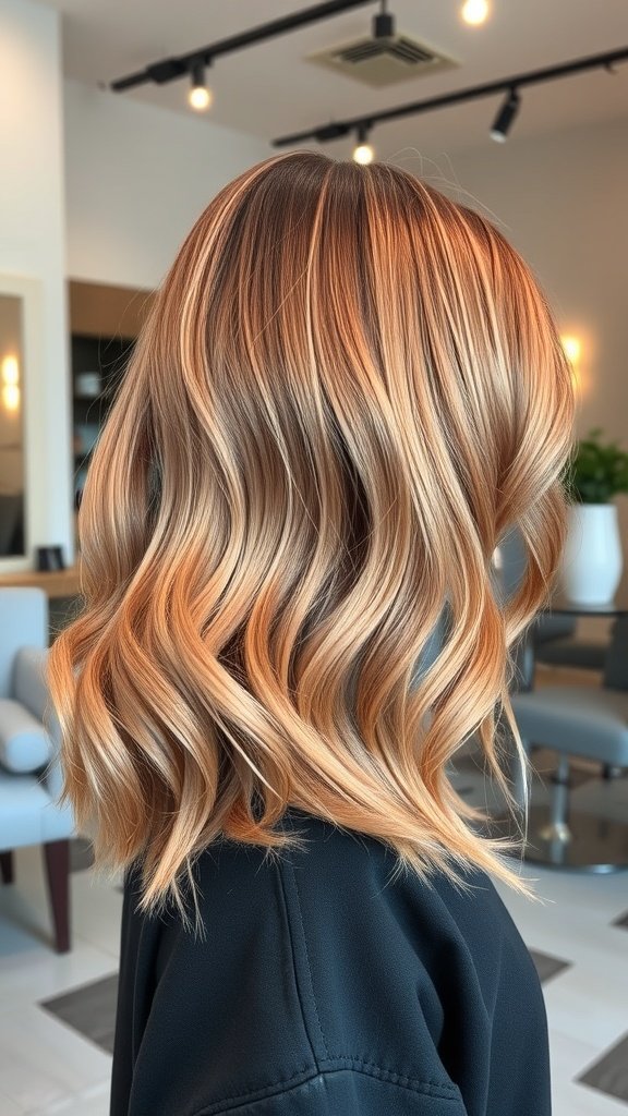 A beautiful rose gold lob haircut with soft waves and an ombre effect.