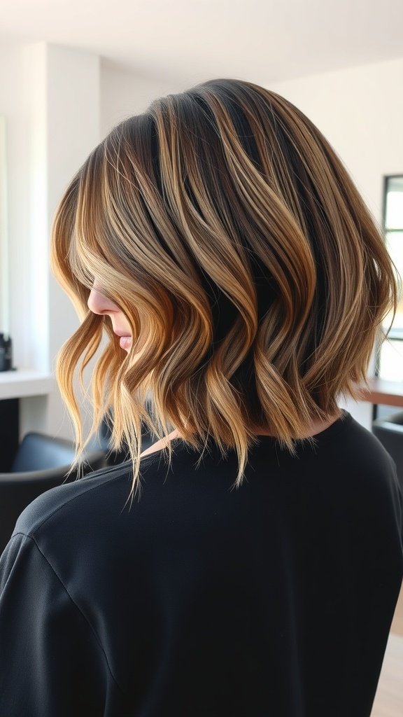 A woman with a rounded bob hairstyle featuring delicate layers and warm highlights.