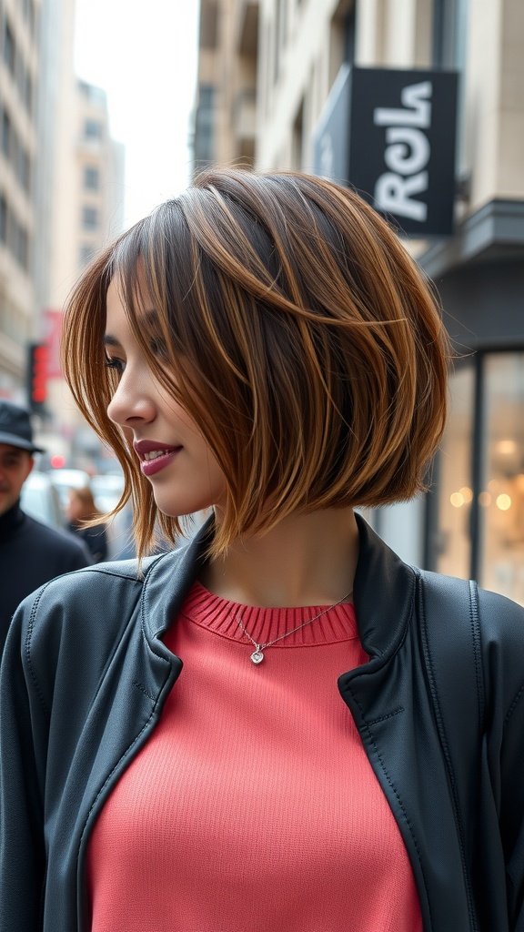 A woman with a rounded bob hairstyle featuring subtle choppy layers, wearing a coral top and a necklace, walking in a city setting.