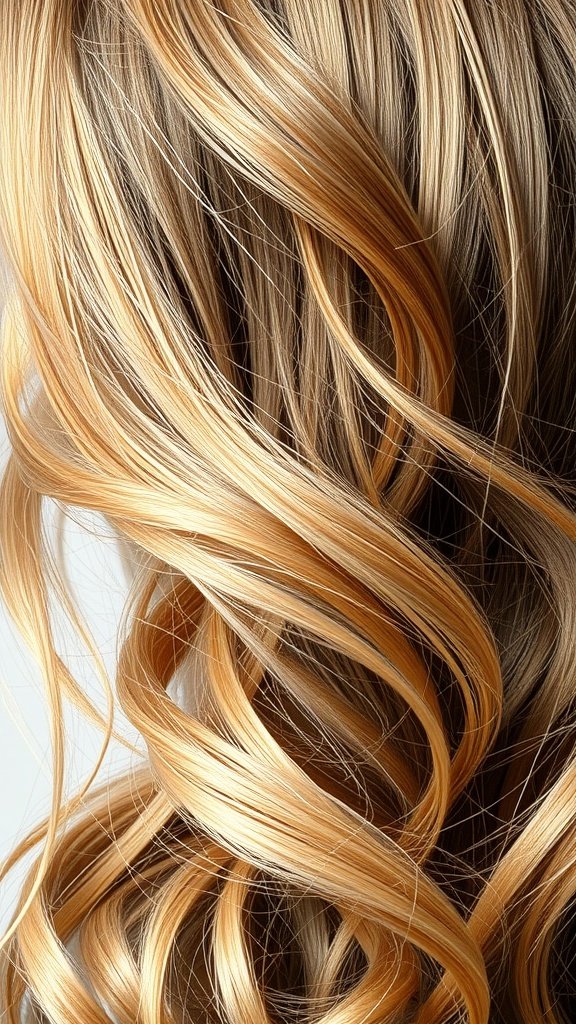 Close-up of light brown hair with sandy caramel highlights styled in soft waves