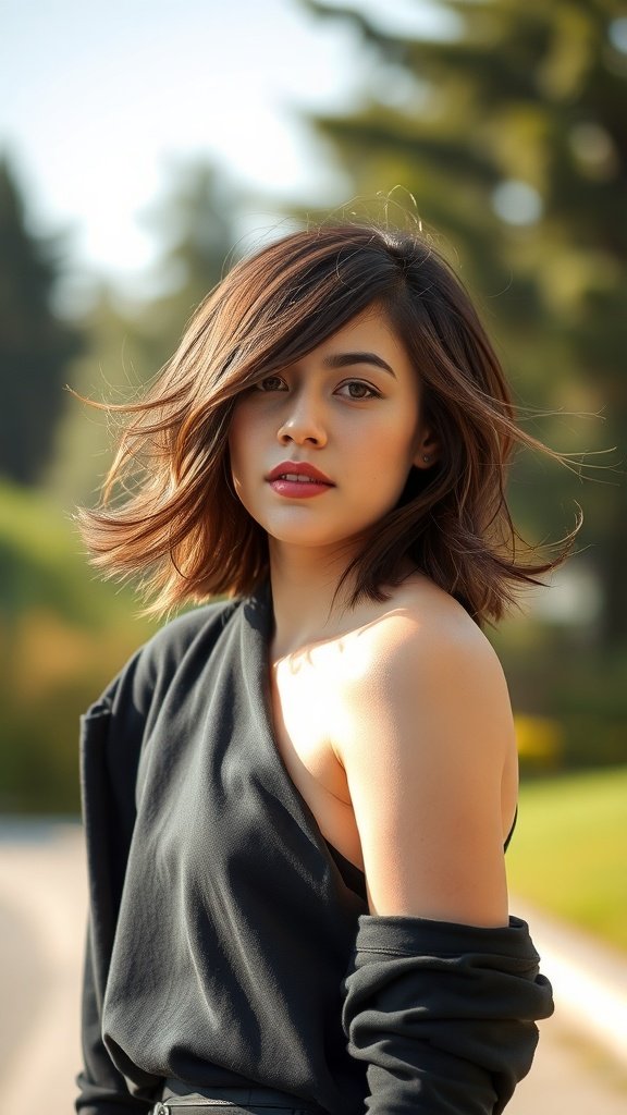 A woman with a shaggy asymmetrical lob hairstyle, featuring piecey ends, standing outdoors with a confident expression.