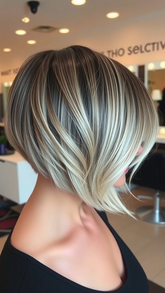 Short box bob hairstyle featuring dark roots and platinum ends