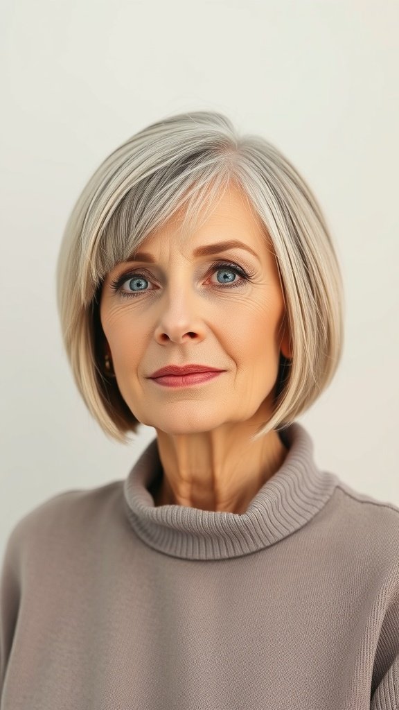 A woman with a short straight bob hairstyle and side-swept bangs, showcasing a stylish and elegant look.