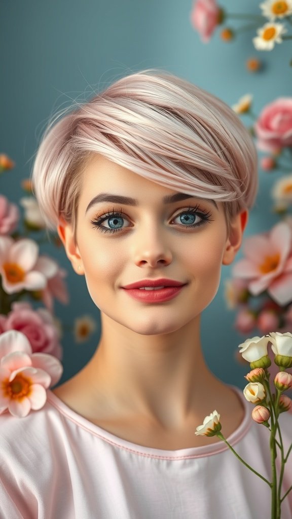 A young woman with a short strawberry blonde pixie cut, surrounded by flowers.